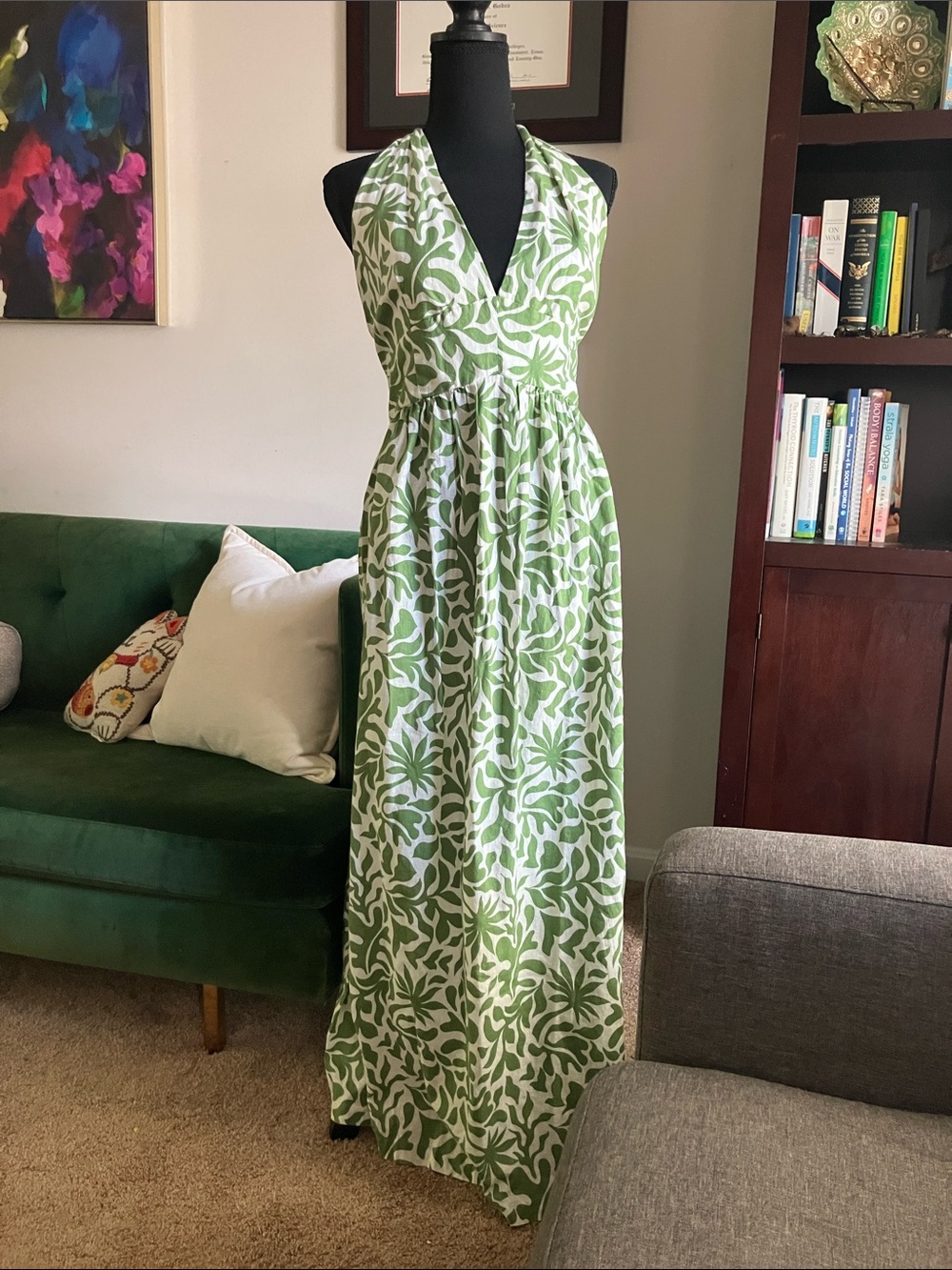 LOFT Green and White Halter Maxi Dress